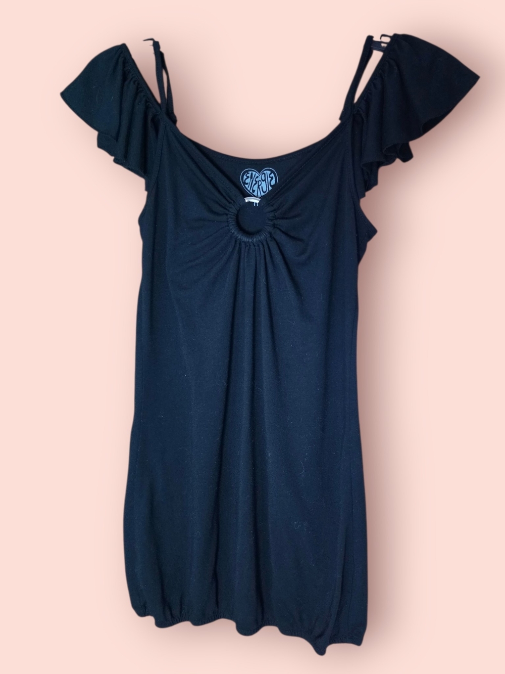 Energie Black Off-Shoulder Ring-Accent Tunic Top
